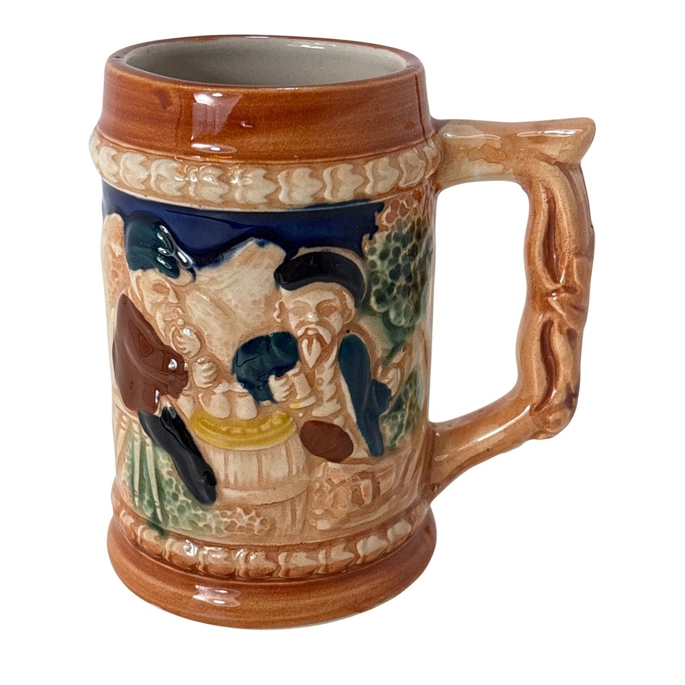 Vintage Ceramic Beer Stein Two Men at Table Relief Mug Made in Japan Brown Blue